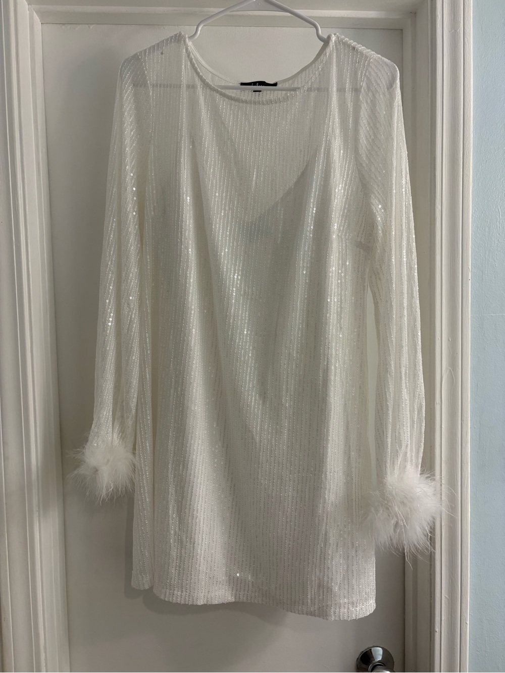 White Sequin Dress with Feather Cuffs